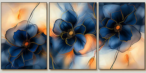 Set of three abstract floral art with blue and orange hue