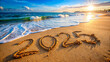 © Roman - A picturesque beach scene with a bright sunrise over the ocean. The number 2025 is written in the sand near the waters edge