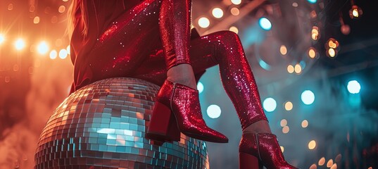 Wall Mural - Close-up of person in red sequin outfit with high heels sitting on disco ball in a party setting. Studio shot with colorful lights and balloons. Nightclub and party concept for poster and banner.