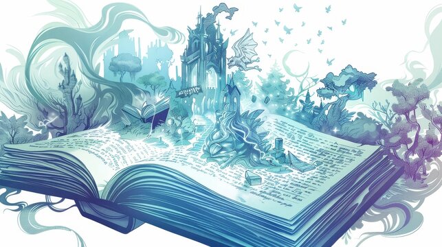 A World Unfolding: A Book Opens to Reveal a Fantasy Realm - A detailed illustration of a book with its pages open, showcasing a vibrant and intricate fantasy world with a whimsical castle