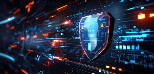 A high-definition 3D rendered scene of a safety shield with a technology-infused background, featuring glowing digital interfaces and sleek design elements.