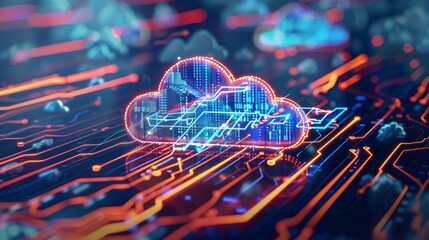 Wall Mural - Abstract Cloud Computing Network - Abstract representation of cloud computing with a digital cloud over a glowing circuit board.