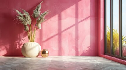 Wall Mural - Minimalist room with pink walls, luxury accessories