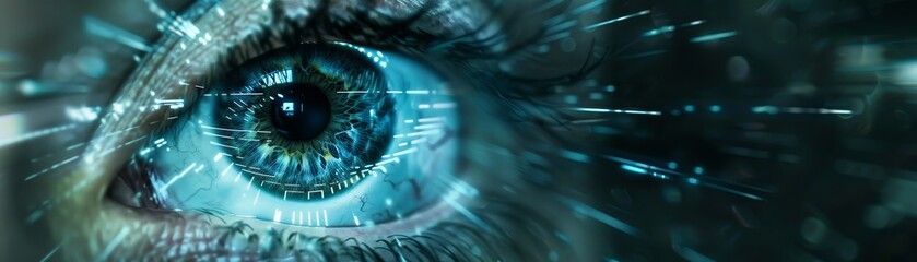 Wall Mural - Digital Eye: A Close-Up Exploration of a Human Eye Surrounded by Digital Data - A macro photograph of a human eye with a blue iris, surrounded by streaks of digital data in shades of blue and green.