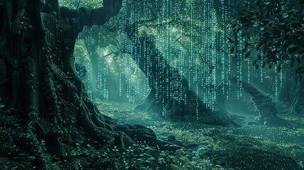 Wall Mural - Digital Rain in a Mystical Forest - A surreal forest scene with glowing binary code raining down through the leaves, casting an eerie green glow.