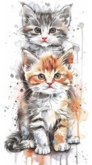 Wall Mural - Wall sticker. Graphic, colored hand-drawn sketch with splashes of watercolor depicting three cute cats on a horizontal surface