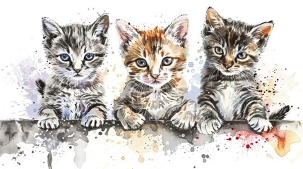 Wall Mural - Wall sticker. Graphic, colored hand-drawn sketch with splashes of watercolor depicting three cute cats on a horizontal surface