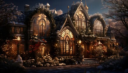 Wall Mural - Digital painting of a christmas village at night with lights and decorations