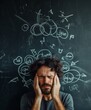 © Sparrowski - Frustrated Man with Chaotic Mind on Blackboard - Conceptual Image Representing Overthinking and Stress