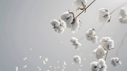 Wall Mural - White flying cotton flowers isolated on light gray background Delicate beauty cotton background Natural organic fiber agriculture cotton seeds raw materials for fabric : Generative AI
