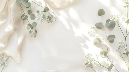Poster - Styled stock photo Feminine wedding desktop mockup with babys breath Gypsophila flowers dry green eucalyptus leaves satin ribbon and white background Empty space Top view Picture for b : Generative AI