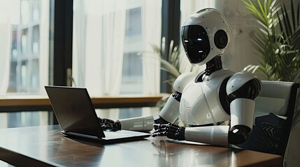 modern Humanoid AI robot sitting at desk in office typing on laptop - generative ai
