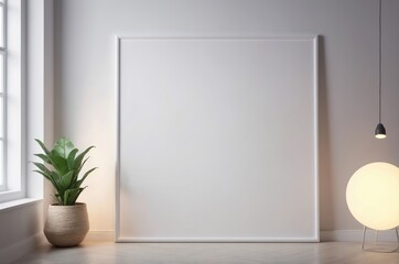 Poster - Blank mockup canvas in minimalist interior with white wall large framed potted plant and modern light fixture clean and minimalistic