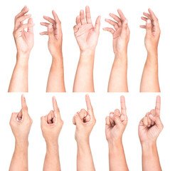 Wall Mural - Multiple Male Caucasian hand gestures isolated over the white background, set of multiple images.