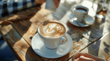 Poster - A cup of cappuccino with latte art on a wooden table.