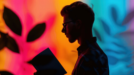 Wall Mural - A man is reading a book in front of a colorful background