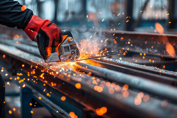 Poster - Industrial Worker Cutting Metal Pipe With Grinder in Factory