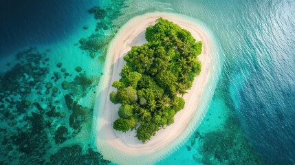 Wall Mural - Aerial view of a tropical island with white sandy beaches, lush greenery, and crystal clear waters