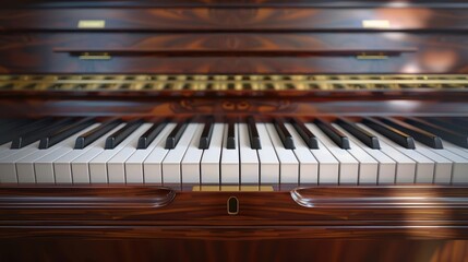 Close-up of classic wooden piano keys in warm lighting, showcasing the intricate details of the instrument and its beautiful craftsmanship.