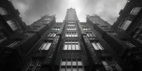 Wall Mural - Low-Angle View of a Tall, Dark Brick Building