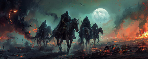 A post-apocalyptic vision of the Four Horsemen of the Apocalypse riding through a world devastated by nuclear war. The background includes radioactive ruins, glowing fallout, and skeletal remains.