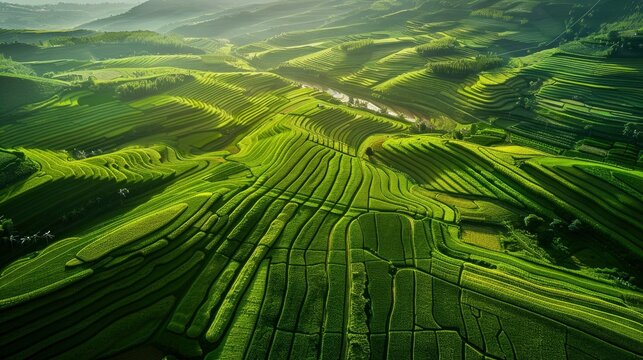 aerial view of green agriculture fields - generative ai
