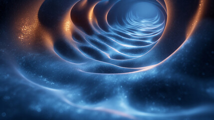 Wall Mural - A blue background, glowing with light. a spinning spiral at right,The overall style is futuristic and technological, with an abstract white background and curved lines. It has high resolution. 