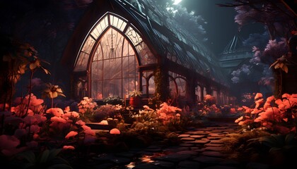 Wall Mural - 3d illustration of a greenhouse in a foggy forest. Halloween concept