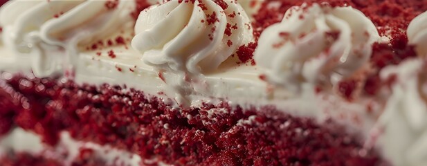 Wall Mural - Close-up of fast food red velvet cake showcasing detailed textures of the moist cake and creamy frosting