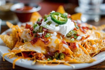 Loaded Nachos with Cheese, Sour Cream and Jalapenos