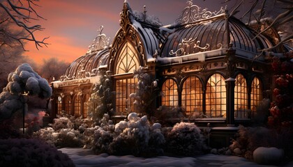 Wall Mural - Winter landscape with a wooden house in the forest. 3d render