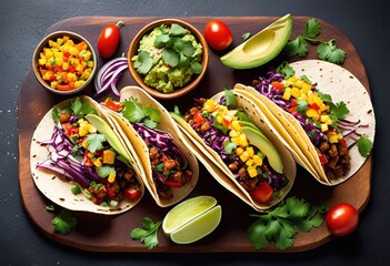 Wall Mural - colorful vegan tacos fresh ingredients healthy plant based mexican street food concept, meal, delicious, flavorful, nutritious, appetizing, tasty, homemade