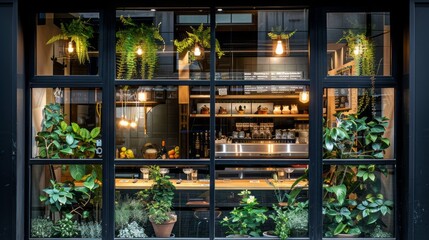 Wall Mural - A window with a view of a restaurant with a lot of plants