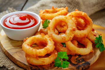 Crisp golden onion rings with a side of tangy ketchup, garnished with parsley, creating a mouth-watering appetizer presentation.