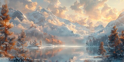 Wall Mural - Winter Wonderland: A Majestic Mountain Lake Scene