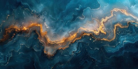 Abstract Blue and Gold Swirling Marble
