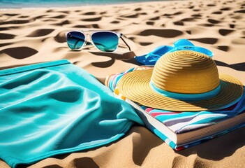 sunny beach sunglasses, day, towel, book, sand, seashore, coastline, blue, sky, reading, lounging, relaxing, ocean, waves, seagulls, sunbathing, clear