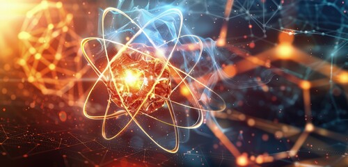 A sophisticated 3D rendering of an atom, with a detailed nucleus and glowing electron orbits, set against a dynamic, abstract background representing atomic forces.