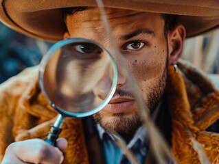 Wall Mural - Medium shot of detective man holding a magnifying glass, themed background, 