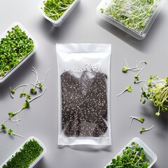 Freshly Sprouted Microgreens With Black Chia Seeds in a Plastic Bag