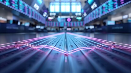 Wall Mural - Abstract visual of a stock market trading floor with glowing digital graphs and data charts, showcasing market trends and financial analysis.