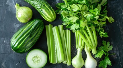 Wall Mural - Assorted green veggies including onion, cucumber, and celery with bergamot, showcasing natural flavors and textures