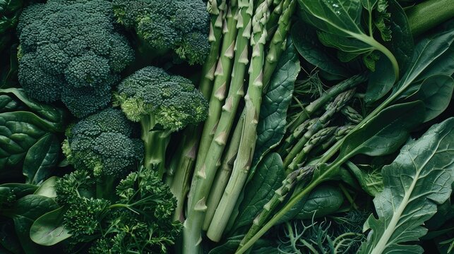 Close-up of assorted greens such as spinach, broccoli, and asparagus with bergamot, highlighting organic produce