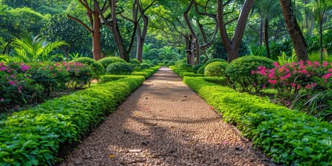 Poster - Serene Garden Path Leading Through Lush Greenery