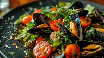 Wall Mural - Fresh seafood salad with mussels, cherry tomatoes, and mixed greens, drizzled with olive oil