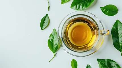 Glass cup of aromatic tea with vibrant green leaves on a white background