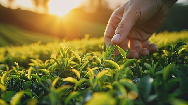 Hand reaching out to pick fresh tea shoots in a lush field