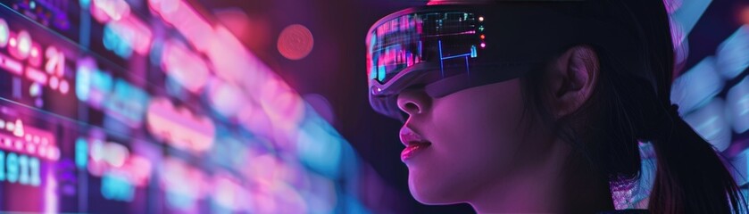 Close-up of woman using virtual reality headset illuminated by colorful lights, exploring futuristic digital environment.