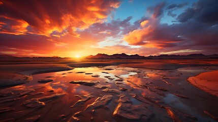 Wall Mural - Beautiful panorama of sunset over the salt lake with reflection in water