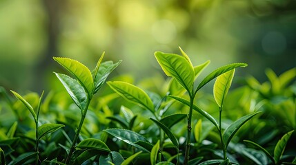 Wall Mural - Macro view of lush green tea leaves set against a gently blurred green tea surface